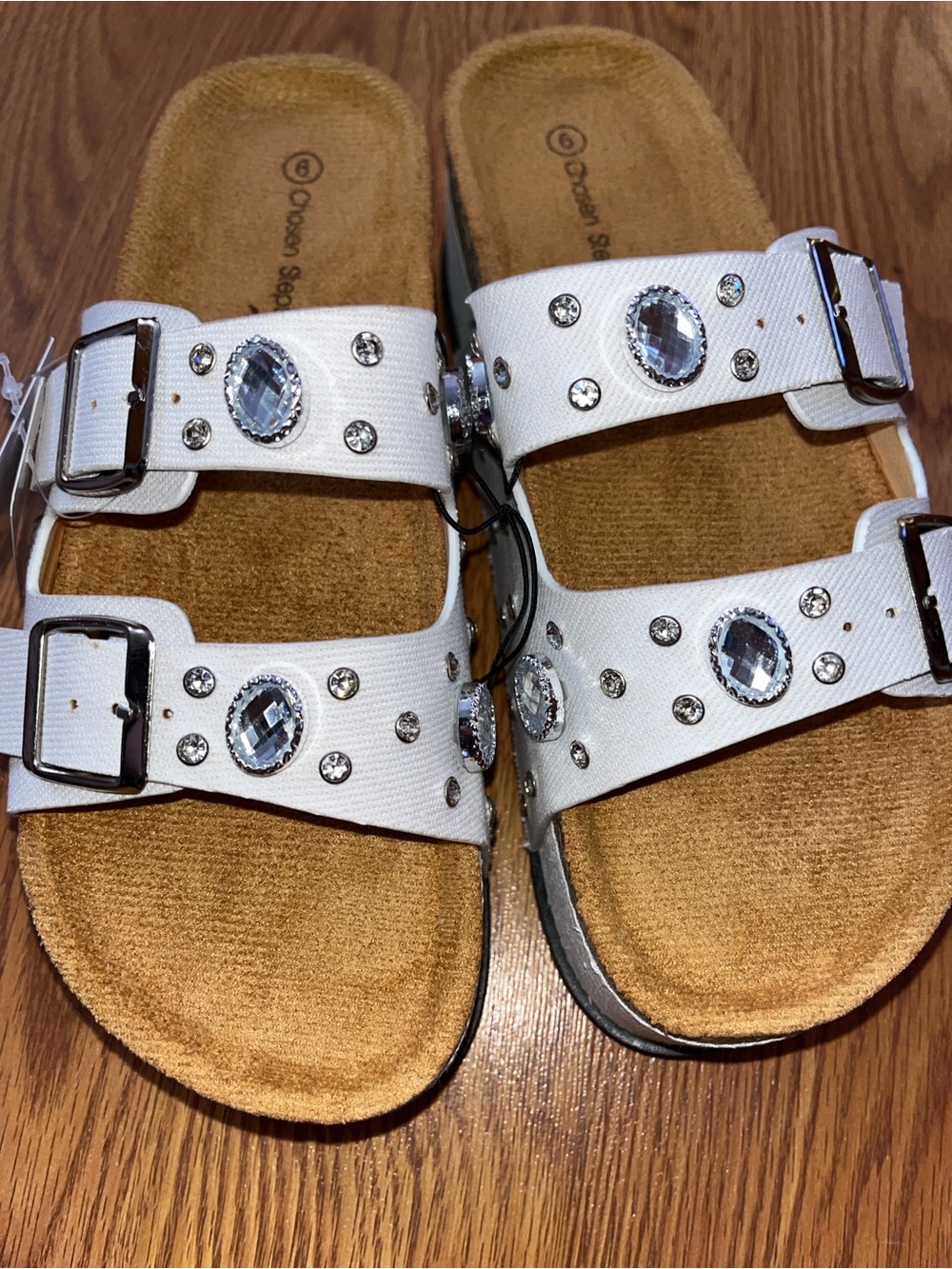 White Jeweled Double-Buckle Slide Sandals